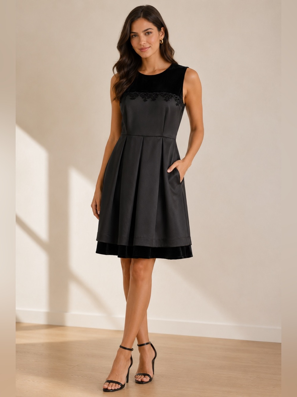 Susan Bristol Vintage Partial Velvet Floral Layered Black Dress Size 6